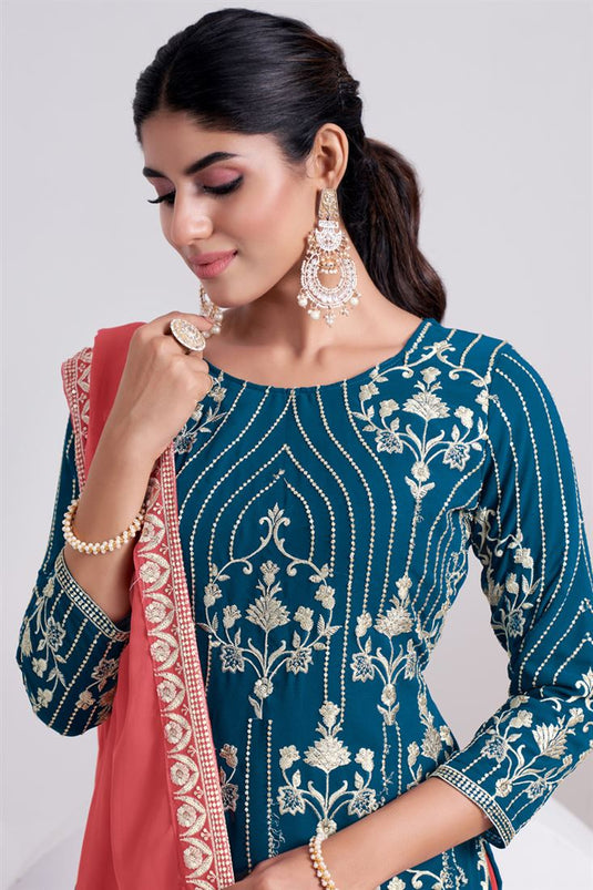 Teal Color Supreme Festive Look Georgette Palazzo Suit