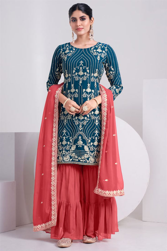 Teal Color Supreme Festive Look Georgette Palazzo Suit