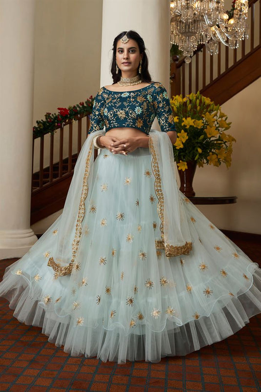 Sky Blue Color Net Fabric Sangeet Wear Tempting Lehenga