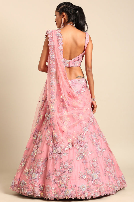Sequins Work On Pink Net Fabric Occasion Wear Lehenga Choli