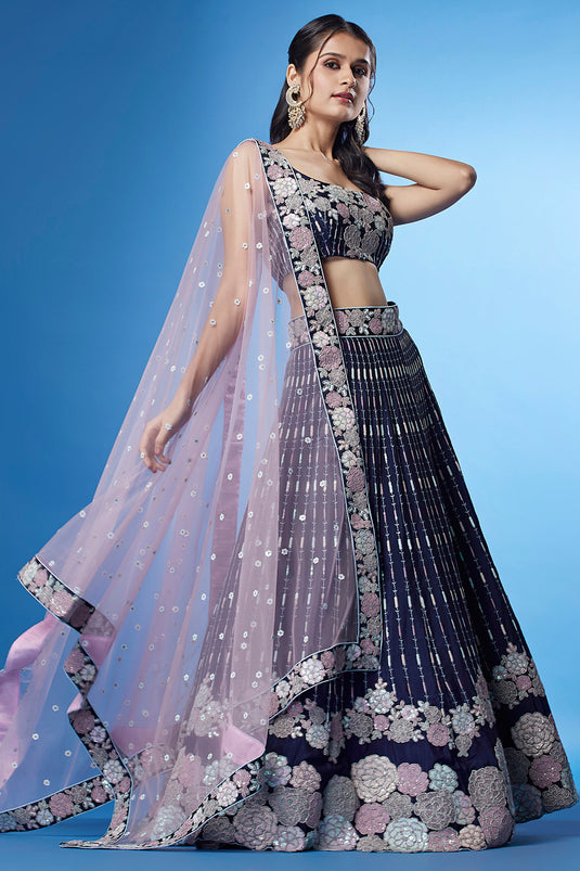 Occasion Wear Lehenga Choli In Navy Blue Georgette Fabric With Sequins Work