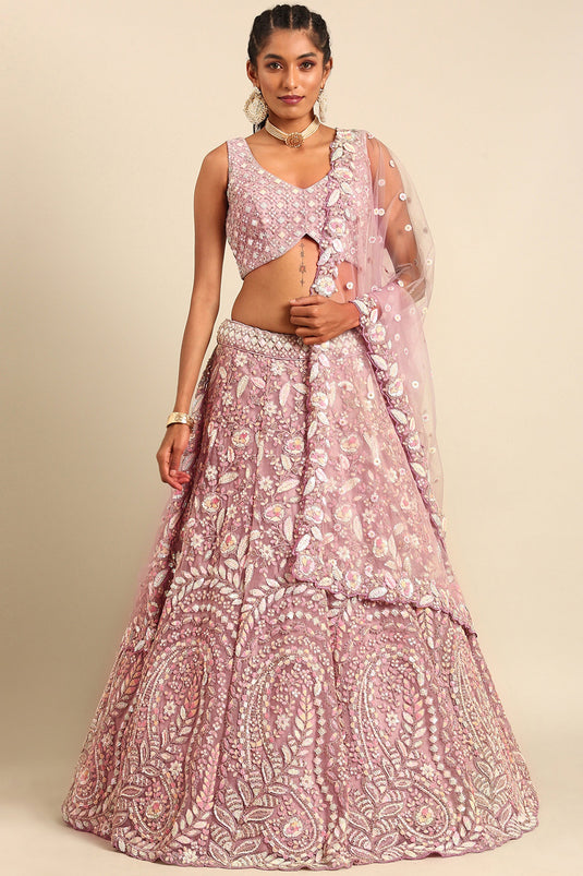 Net Fabric Function Wear Sequins Work Lehenga Choli In Lavender Color