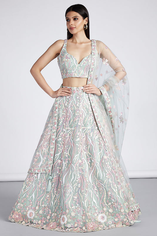 Sea Green Color Net Fabric Sequins Embroidery Lehenga Choli