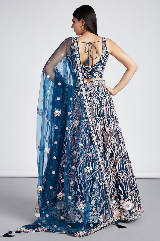 Navy Blue Net Sequins Embroidery Lehenga Choli