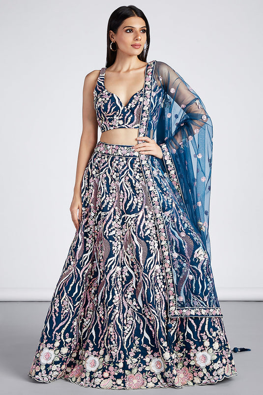 Navy Blue Net Sequins Embroidery Lehenga Choli