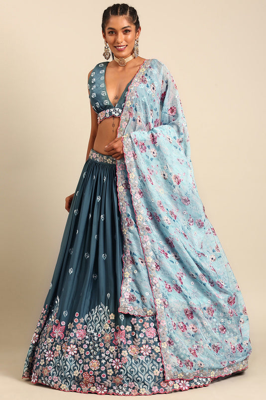Sequins Work Designs On Georgette Fabric Blue Weding Wear Lehenga Choli