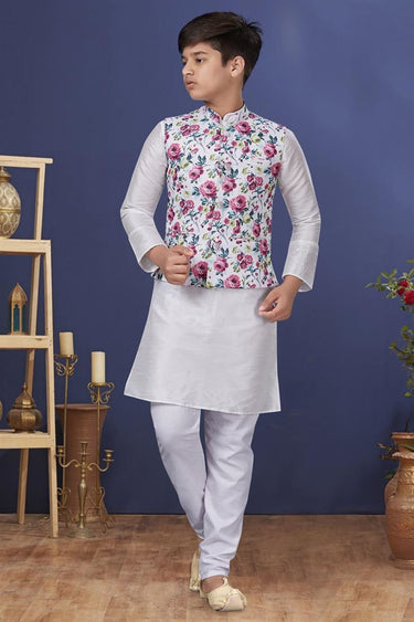 White Color Dhupion Silk Fabric Function Wear Fancy Kids Wear Kurta Pyjama With Jacket
