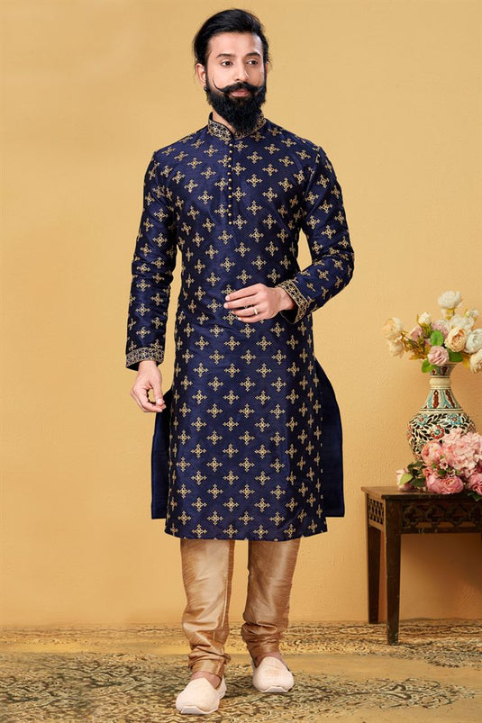 Navy Blue Color Art Silk Fabric Sangeet Wear Embroidered Readymade Men Kurta Pyjama