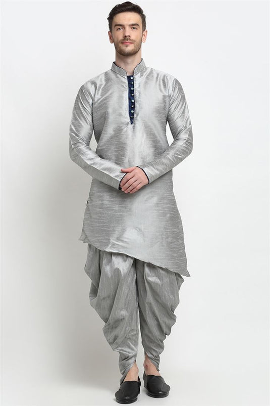 Grey Color Art Silk Fabric Sangeet Wear Fancy Readymade Dhoti Style Kurta Pyjama For Men