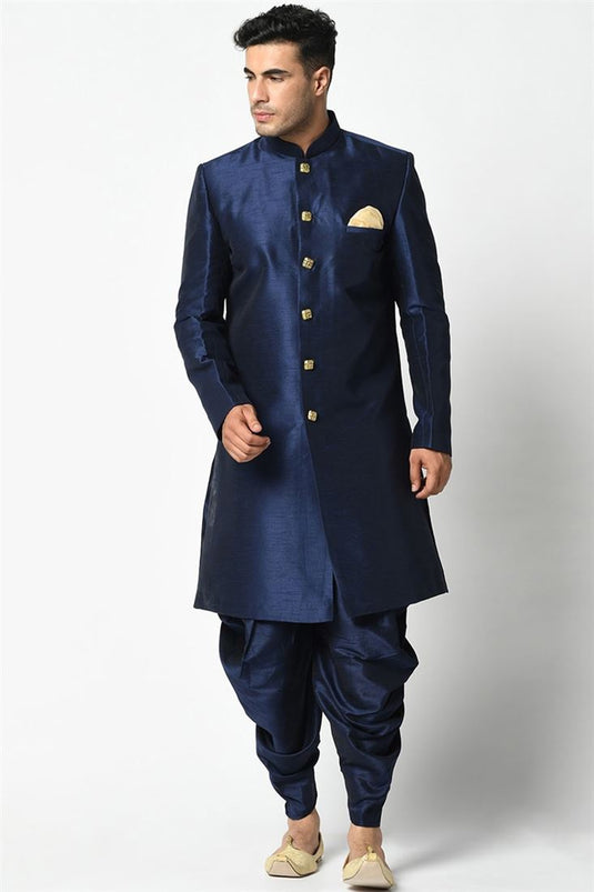 Navy Blue Color Art Silk Fabric Sangeet Wear Fancy Readymade Dhoti Style Indo Western For Men