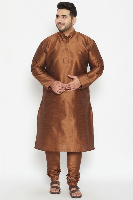 Brown Color Stunning Dhupion Silk Fabric Sangeet Wear Plus Size Kurta Pyjama