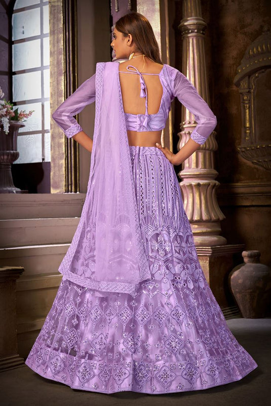 Function Wear Purple Color Net Fabric Lehenga