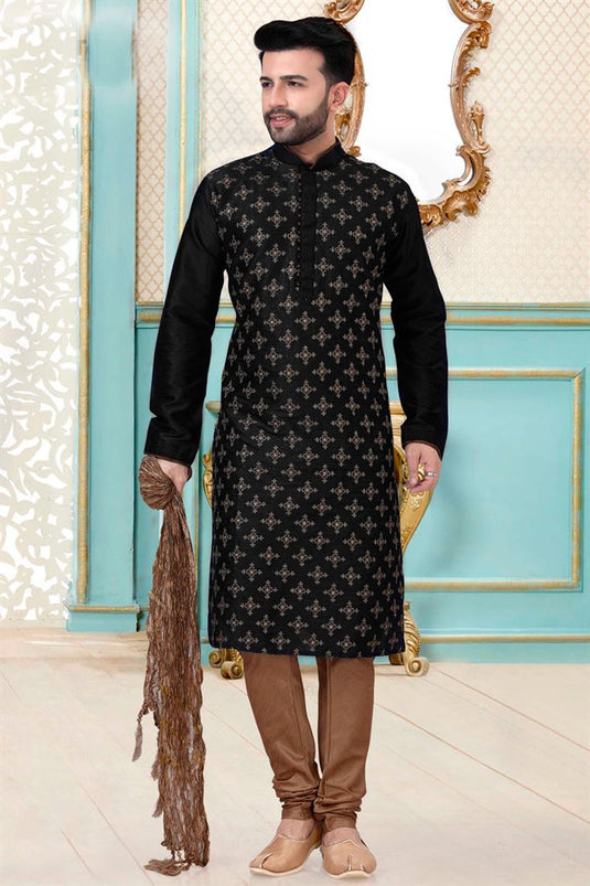 Black Color Wedding Wear Embroidered Work Kurta Pyjama For Men In Dhupion Silk Fabric