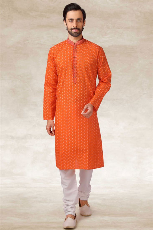 Orange Color Festival Wear Stright Kurta Pyjama In Cotton Fabric