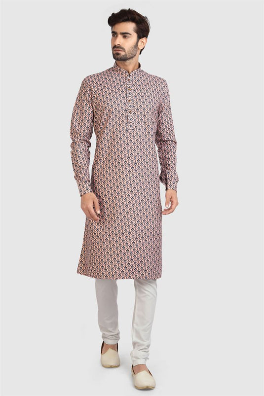 Puja Wear Peach Color Kurta Pyjama In Cotton Fabric