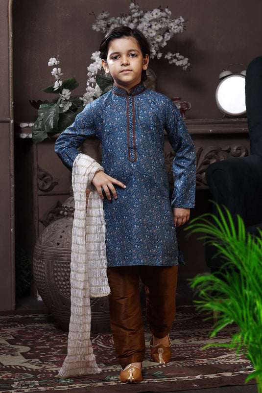 Gorgeous Navy Blue Color Cotton Fabric Printed Function Wear Readymade Boys Kurta Pyjama