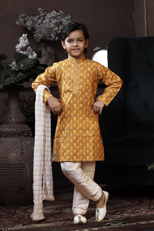 Attractive Mustard Color Cotton Fabric Printed Function Wear Readymade Boys Kurta Pyjama