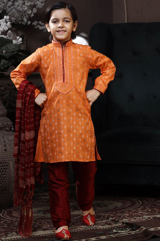 Orange Color Cotton Fabric Printed Function Wear Readymade Boys Kurta Pyjama