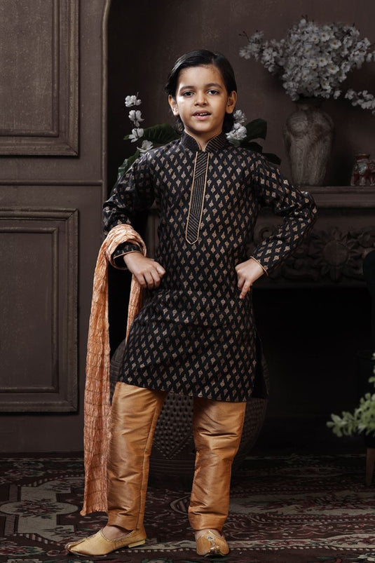 BLack Color Cotton Fabric Printed Sangeet Wear Readymade Boys Kurta Pyjama