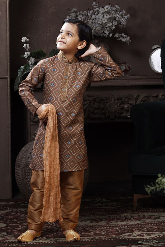 Light Brown Color Cotton Fabric Printed Function Wear Readymade Boys Kurta Pyjama