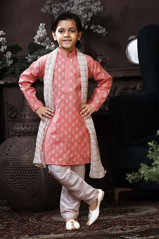 Pink Color Cotton Fabric Printed Function Wear Readymade Boys Kurta Pyjama