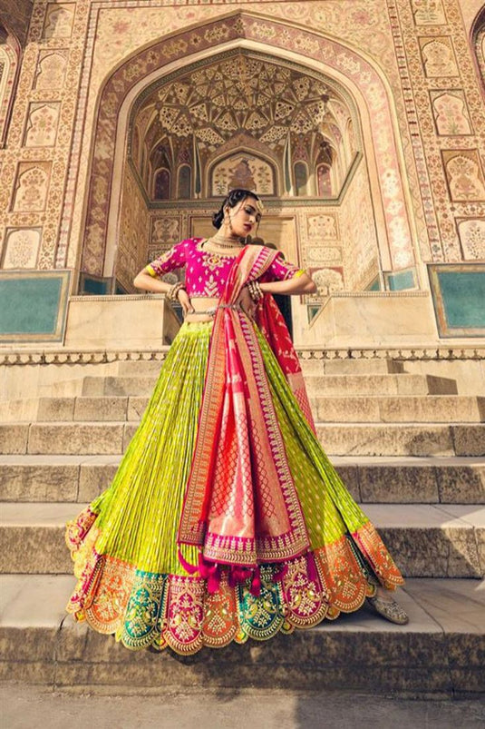 Green Color Wedding Wear Banarasi Silk Fabric Splendid Lehenga