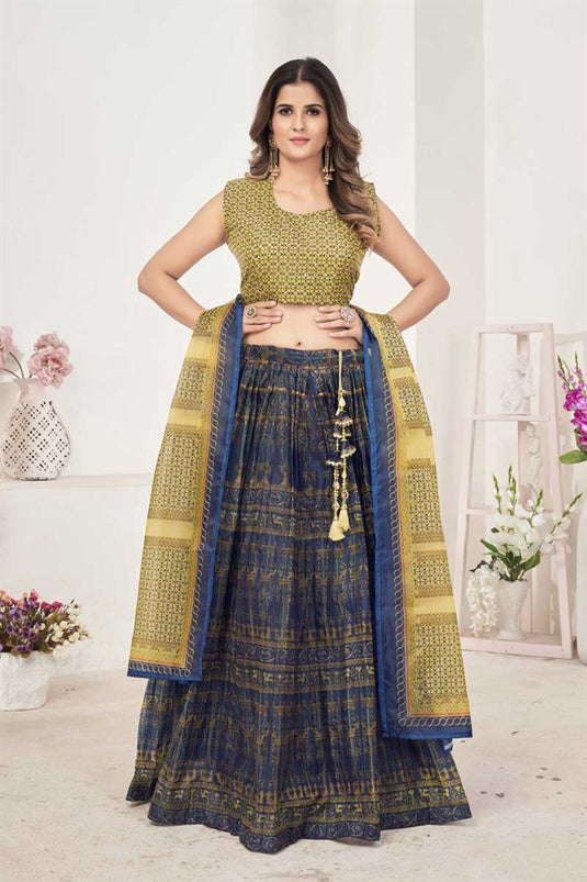 Organza Fabric Charismatic Printed Navy Blue Color Lehenga