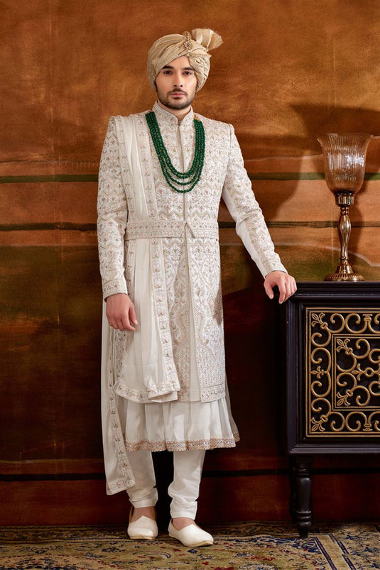 Gorgeous Silk Fabric Wedding Wear Readymade Heavy Embroidered Groom Sherwani For Men With Stole