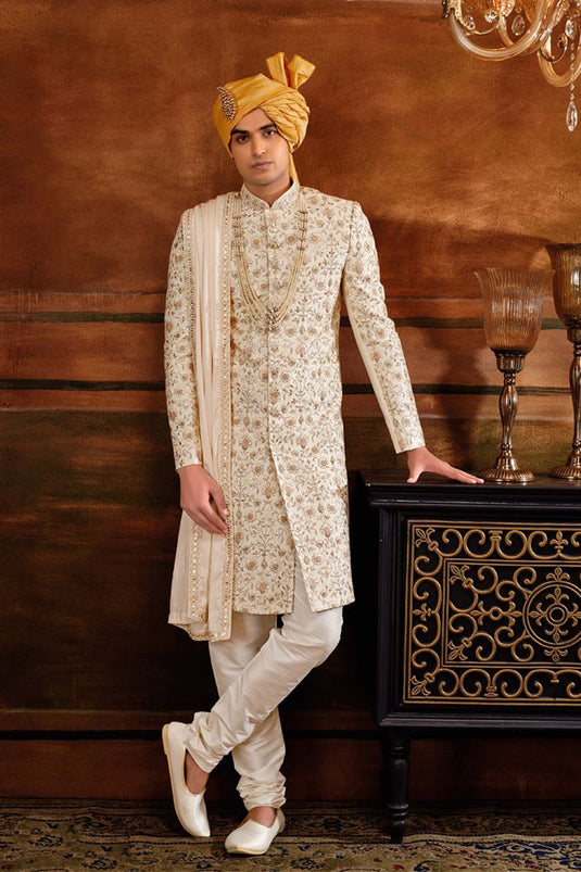 Silk Cream Artistic Magnificent Readymade Men Heavy Embroidered Groom Sherwani For Wedding Wear With Stole