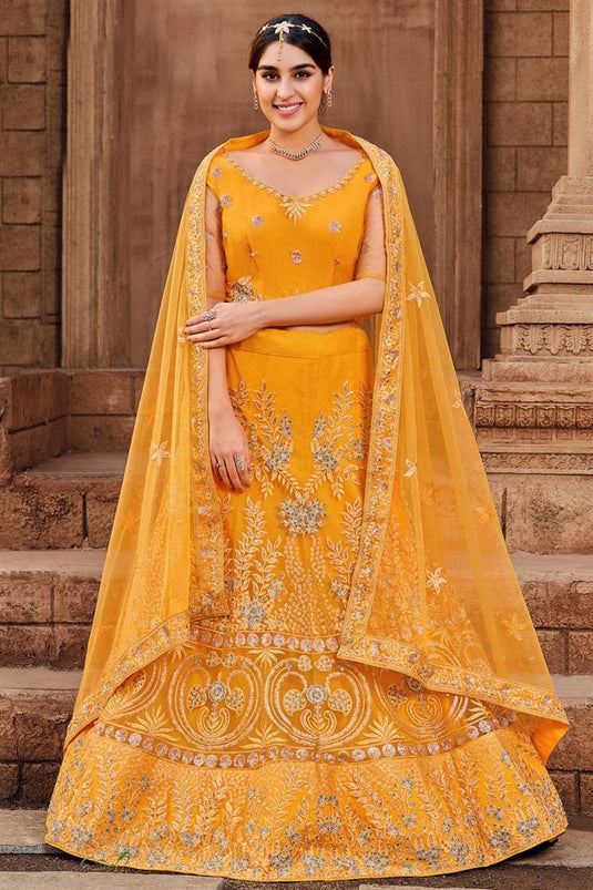 Stunning Net Fabric Yellow Color Function Wear Lehenga