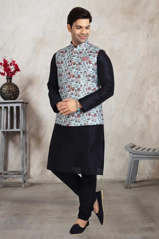 Engaging Black Banarasi Silk Fabric Kurta Pyjama With Sky Blue Jacket