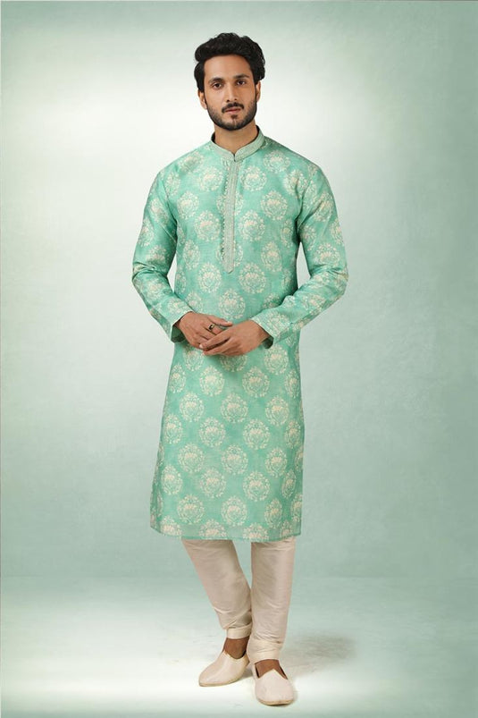 Green Color Royal Ethnic Look Art Silk Kurta Pyjama