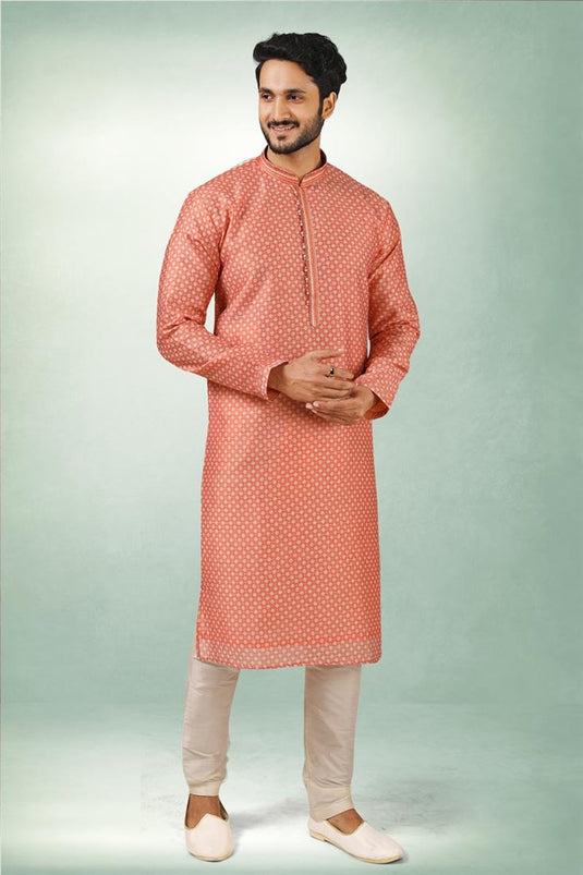 Peach Color Attractive Art Silk Kurta Pyjama In Ethnic Look