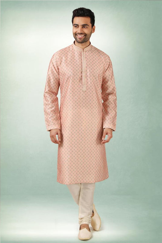 Peach Color Winsome Ethnic Look Art Silk Kurta Pyjama