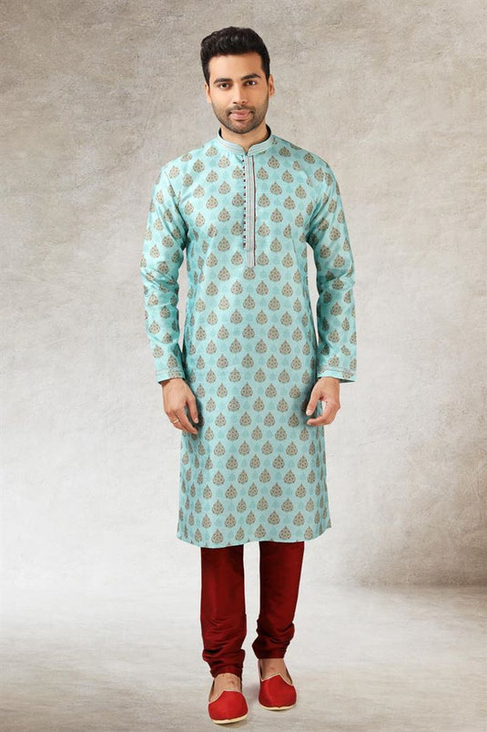 Ethnic Look Light Cyan Color Designer Art Silk Kurta Pyjama