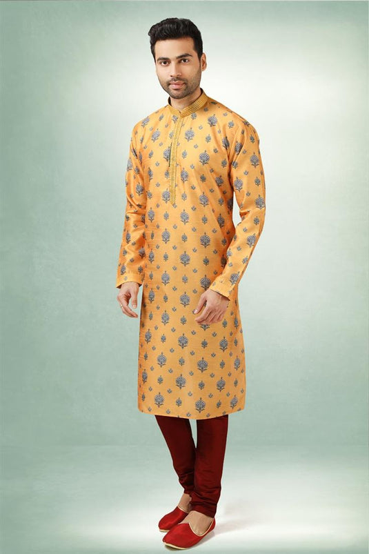 Mustard Color Trendy Textured Ethnic Look Art Silk Kurta Pyjama