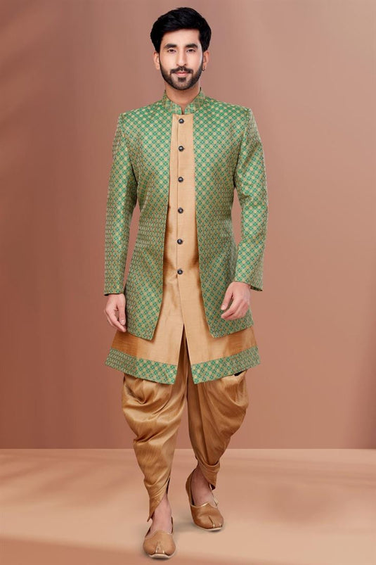 Jacquard Fabric Stunning Sea Green Color Wedding Wear Readymade Men Dhoti Style Indo Western