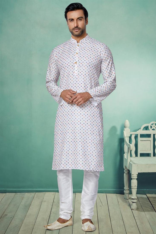 Festive Wear Readymade Lovely White Printed Kurta Pyjama For Men