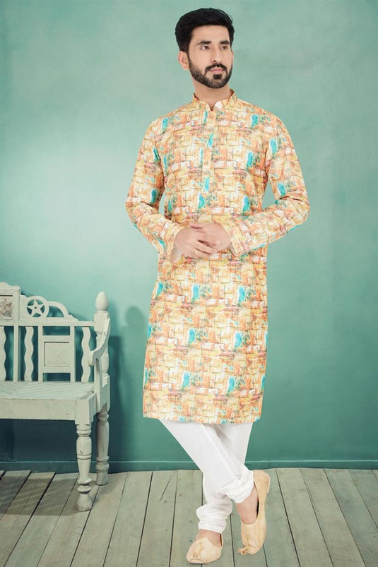 Cream Fancy Graceful Readymade Men Printed Kurta Pyjama For Festive Wear