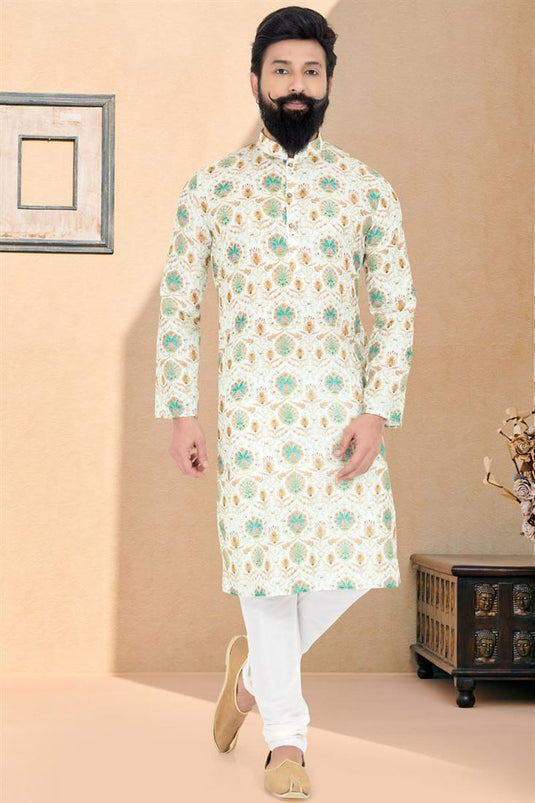 Artistic Beige Color Readymade Men Printed Kurta Pyjama For Function Wear