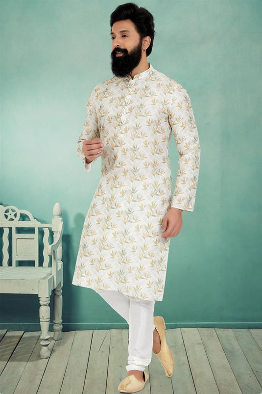 Cream Color Fancy Fabric Function Wear Readymade Printed Kurta Pyjama For Men