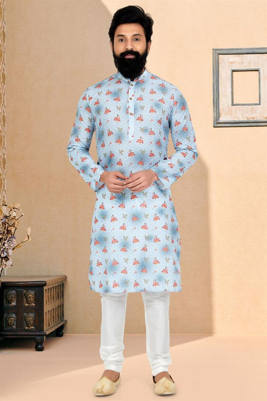 Light Blue Color Sangeet Wear Fancy Fabric Designer Readymade Printed Kurta Pyjama For Men