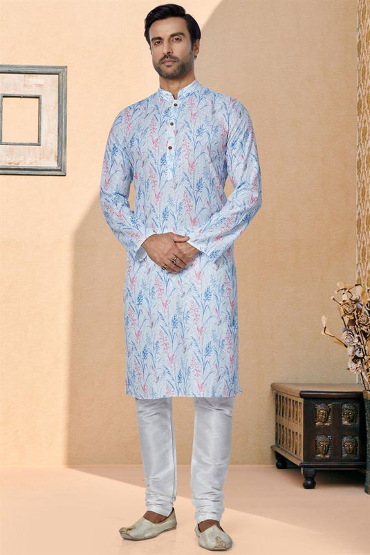 Fetching Light Blue Fancy Fabric Sangeet Wear Printed Readymade Kurta Pyjama For Men