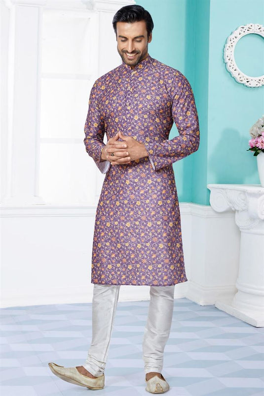 Purple Color Gorgeous Fancy Wedding Wear Printed Readymade Kurta Pyjama For Men