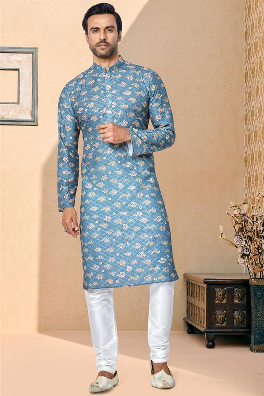 Blue Color Fancy Fabric Reception Wear Striking Printed Readymade Kurta Pyjama For Men