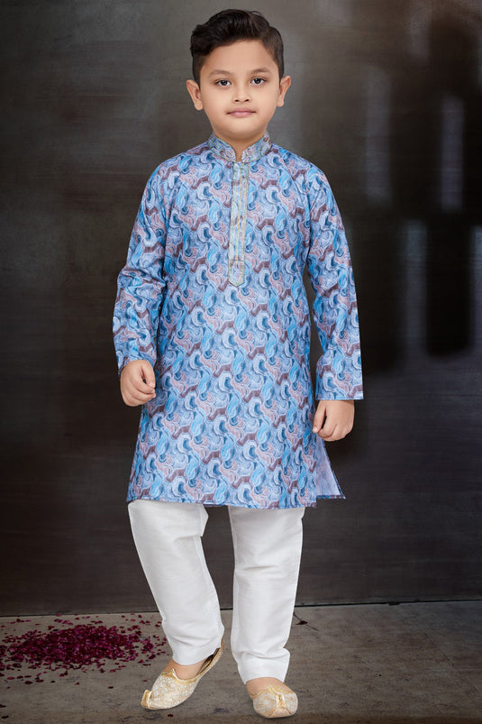 Function Wear Cotton Fabric Readymade Kurta Pyjama For Boys In Blue Color
