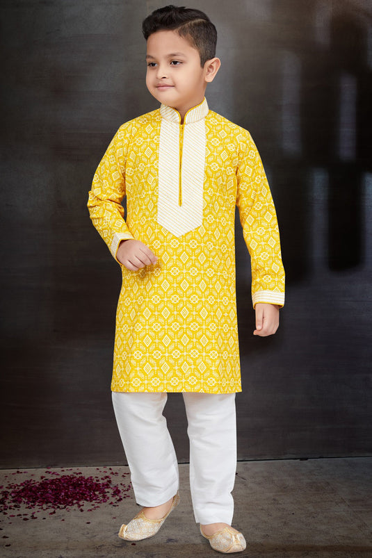 Traditional Wear Cotton Fabric Yellow Color Fancy Readymade Kurta Pyjama For Boys