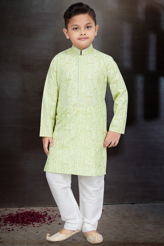 Cotton Fabric Sea Green Color Traditional Wear Boys Fancy Readymade Kurta Pyjama