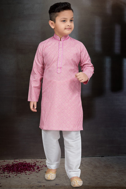 Traditional Wear Cotton Fabric Fancy Readymade Kurta Pyjama For Boys In Pink Color