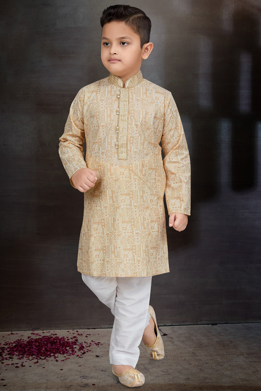 Occasion Wear Beige Color Cotton Fabric Readymade Boys Kurta Pyjama